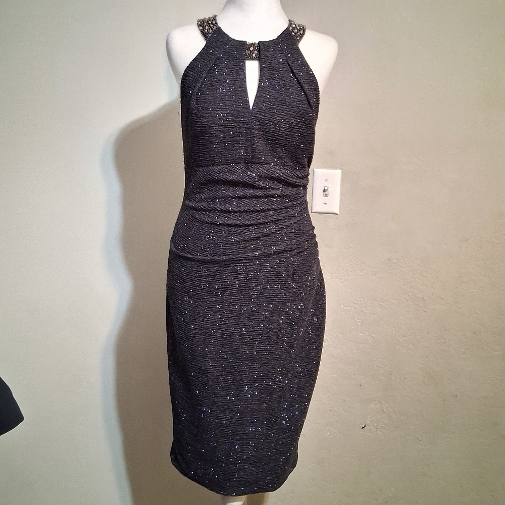 DJ- JAZ Glitter Midi‎ Dress Sleeveless Halter Black Sz8 Sheath Elegant Goth